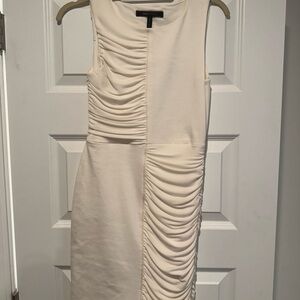 BCBGMaxAzria Cream Asymmetrical Ruched Sheath Midi Dress